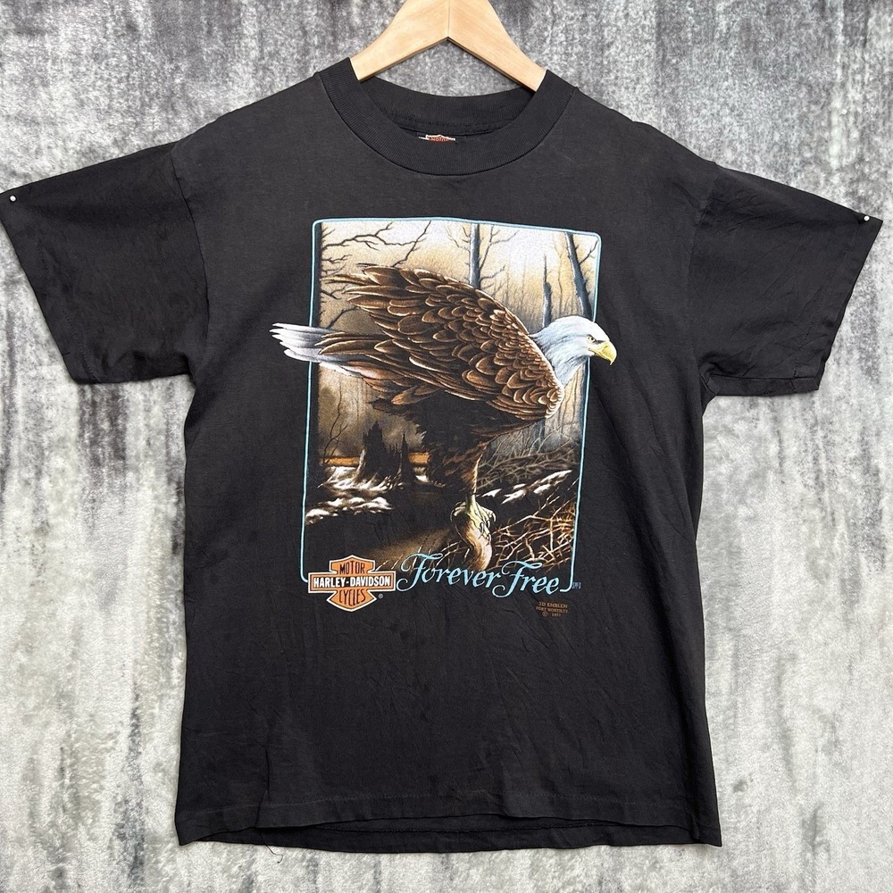 Vintage 1991 3D Emblem Harley Davidson Forever Free T Shirt Sz M Eagle Fade